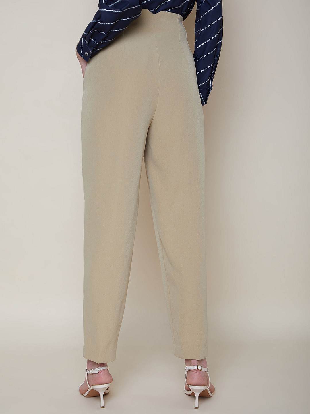 Styli Beige Cotton High Rise Trousers